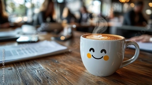 Fototapeta Smiling Coffee Cup on Wooden Table