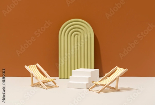 Obraz Beauty Cosmetics Product Presentation Scene made with Staircase Podium, Miniature Deck Chairs and Geometric Decor on Warm Terracotta Background. Studio Photography.