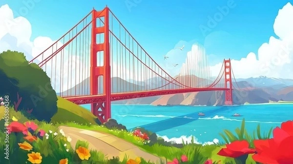 Obraz Golden Gate Bridge vista cartoon art landscape San Francisco travel destination vibrant spring blossom scenery and ocean backdrop view