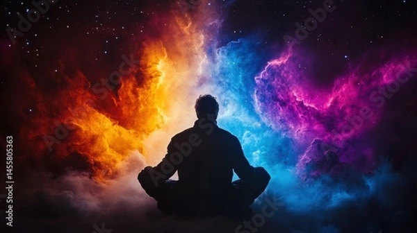 Fototapeta Person Meditating Under Starry Sky with Colorful Cosmic Background