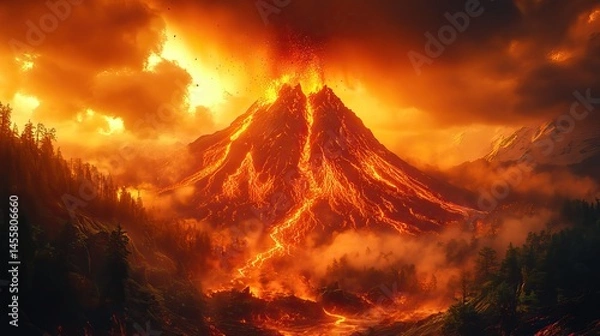 Fototapeta A dramatic volcanic eruption with ash and lava spewing into the sky, a powerful display of Earth's forces.