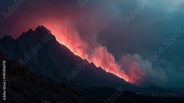 Fototapeta A dramatic volcanic eruption with molten lava flowing down the mountainside under a smoky sky.