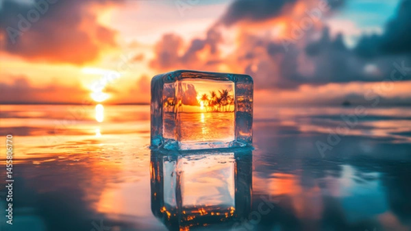 Fototapeta Glass cube glowing in sunset light on reflective water surface