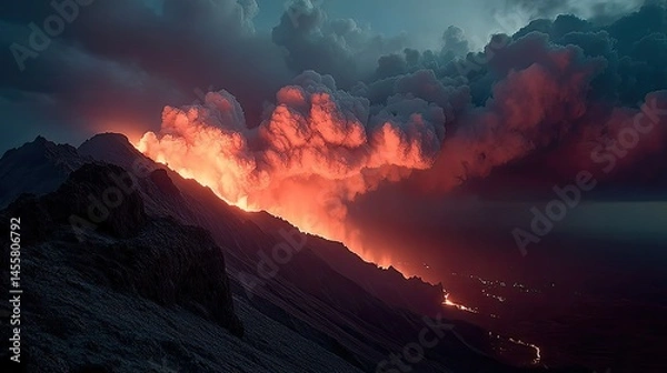 Fototapeta A dramatic volcanic eruption with molten lava flowing down the mountainside under a smoky sky.