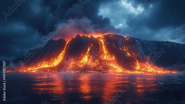 Fototapeta A dramatic volcanic landscape with lava flowing and steam rising, a display of the Earth's raw energy.
