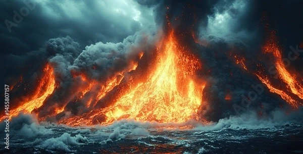 Fototapeta A dramatic volcanic landscape with lava flowing and steam rising, a display of the Earth's raw energy.