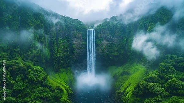 Fototapeta A dramatic waterfall plunging into a deep gorge, surrounded by lush vegetation and mist in the air.