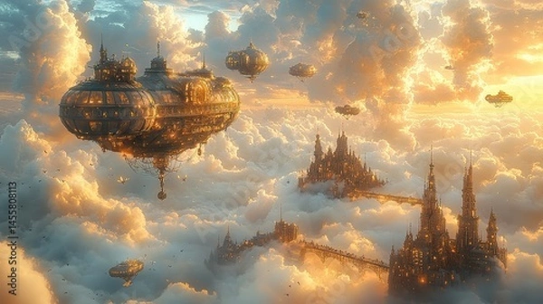 Fototapeta A fantastical airship dock high in the clouds, with various strange and wonderful flying machines.