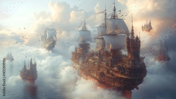 Fototapeta A fantastical airship dock high in the clouds, with various strange and wonderful flying machines.