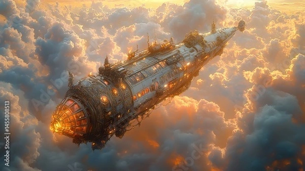 Fototapeta A fantastical airship with ornate details sailing through a sky filled with whimsical cloud formations.