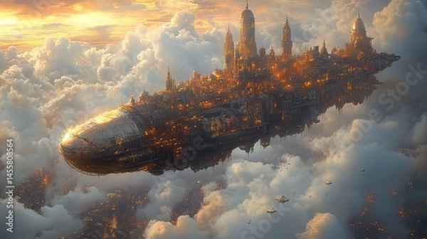 Fototapeta A fantastical cityscape built on the back of a giant, slumbering creature floating peacefully in the clouds.