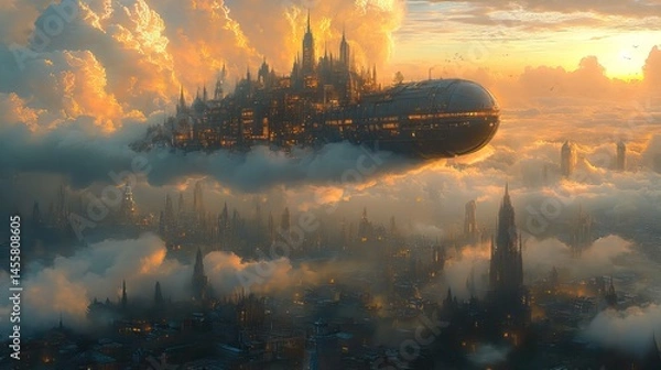 Fototapeta A fantastical cityscape built on the back of a giant, slumbering creature floating peacefully in the clouds.