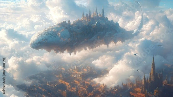 Fototapeta A fantastical cityscape built on the back of a giant, slumbering creature floating peacefully in the clouds.