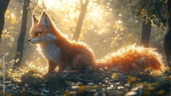 Fototapeta A fantastical creature with the body of a fox and the tail of a squirrel darting through a sun-dappled forest.