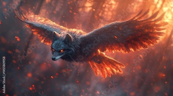 Fototapeta A fantastical creature with the head of a wolf and the wings of a raven soaring through a twilight sky.
