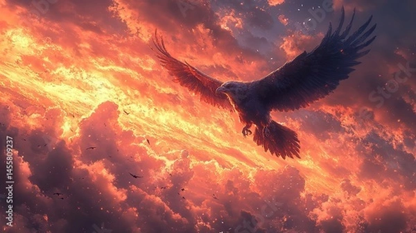 Fototapeta A fantastical creature with the head of a wolf and the wings of a raven soaring through a twilight sky.
