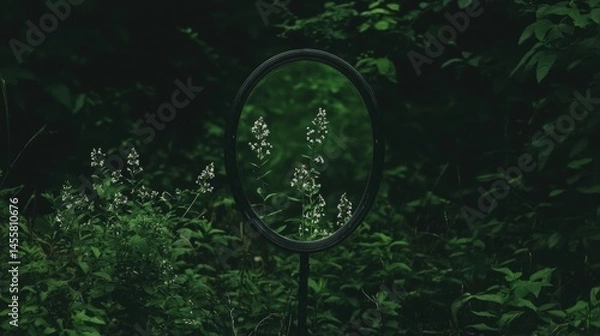 Fototapeta A black circular mirror with a white flower reflected in it.