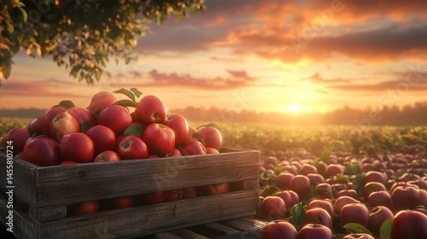 Obraz Rustic wooden crate full of vibrant red apples at sunset.