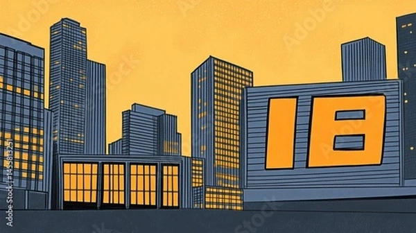 Obraz Stylized city skyline rendering illustration urban landscape with modern architecture and abstract building designs against yellow sky background