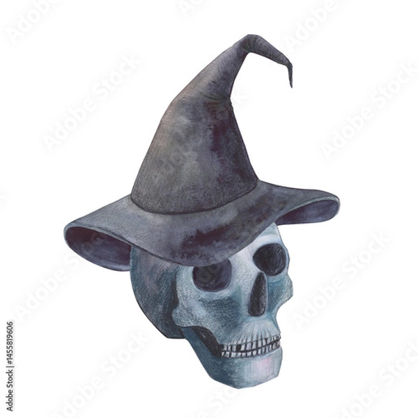 Obraz Scull in hat gothic magical texture isolated on white background. Watercolor hand drawn esoterics sketch skull illustration. Art for design mystical halloween witch decoration, scary card