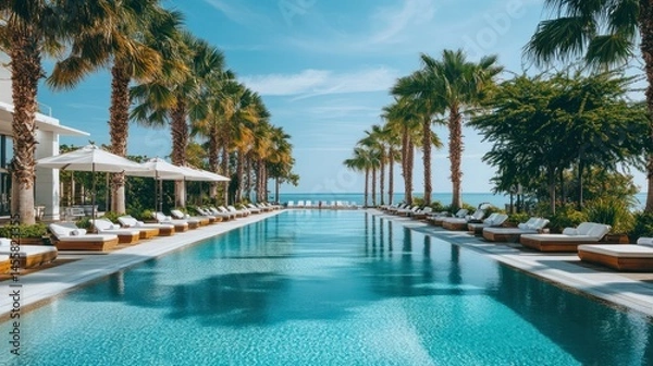 Fototapeta Luxurious tropical infinity pool overlooking the ocean with palm trees and beachside lounge chairs under clear blue sky at an upscale waterfront resort