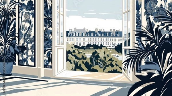 Obraz Aesthetic french windows vista illustration capturing idyllic parisian landscape charming home interior tranquil scene architectural elegance