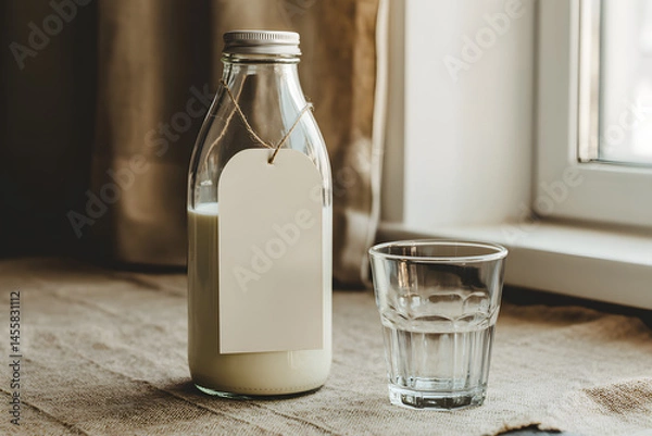 Obraz Rustic dairy scene featuring a milk bottle, a glass, and an empty label