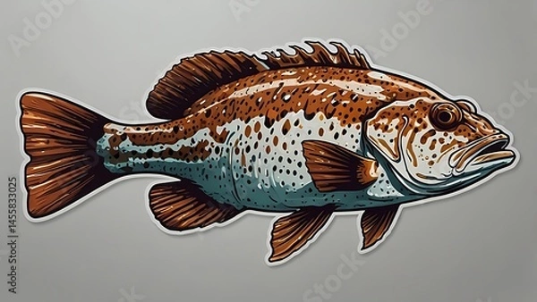 Fototapeta A vibrant sticker of a grouper fish, featuring a prominent head and large mouth, representing its unique traits.