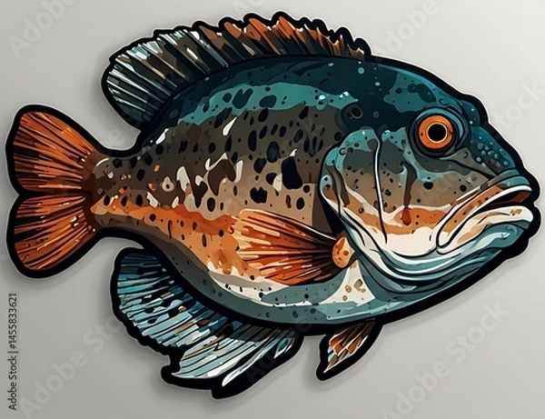 Fototapeta A colorful sticker of a grouper fish, characterized by its oversized mouth and large head, emphasizing its features.