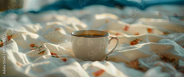 Obraz Cup of Coffee Resting on White Bed Blanket with Cozy Calm Morning Vibes and Home Lifestyle Concept