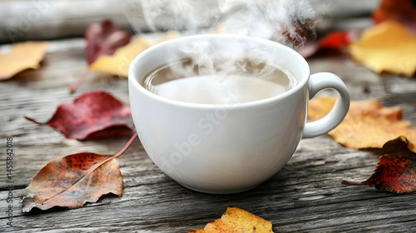 Obraz Cozy autumnal drink on wooden surface. Steam rising from a white teacup filled with warm beverage surrounded by colorful autumn leaves