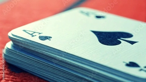 Fototapeta Sharp Close Up of Ace of Spades on Top of a Stack of Classic Playing Cards Red Background