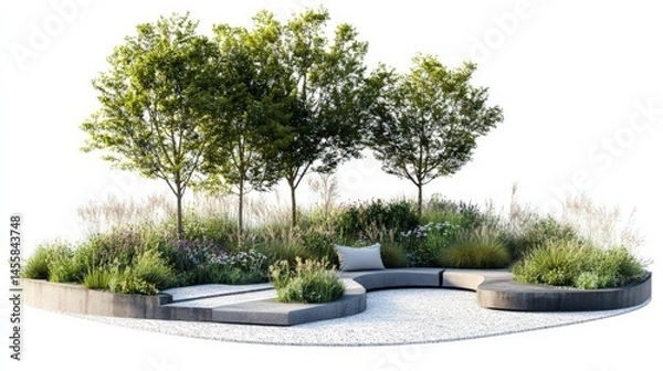 Fototapeta Modern Garden Design with Seating Area and Lush Greenery