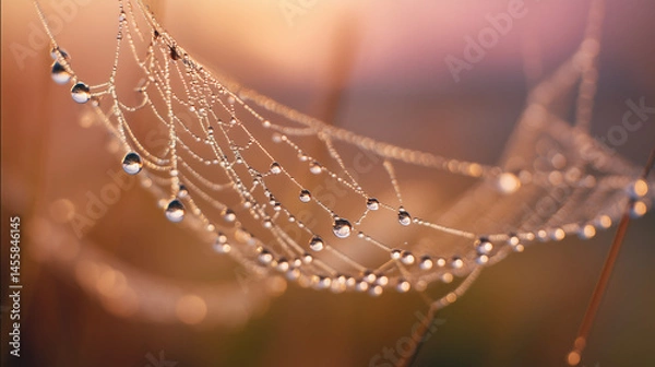 Fototapeta A delicate spider web glistens with morning dew, shimmering against the backdrop of a soft, ethereal dawn, evoking a sense of fragile beauty and the wonders of nature.