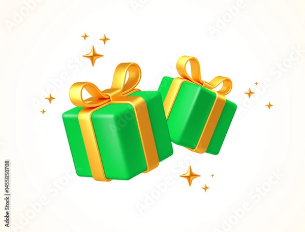 Obraz 3d Shiny Green Gift Boxes with Golden Ribbons, bow and Sparkles – Festive Vector Illustration