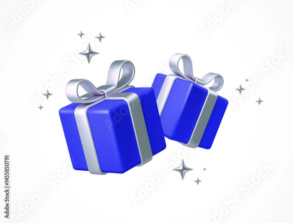 Obraz Shiny 3d Blue Gift Boxes with Silver Ribbons, bow and Sparkling Stars – Festive Vector Illustration
