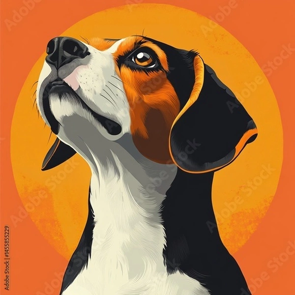 Fototapeta Beagle looking upward against an orange background in a stylized artistic depiction