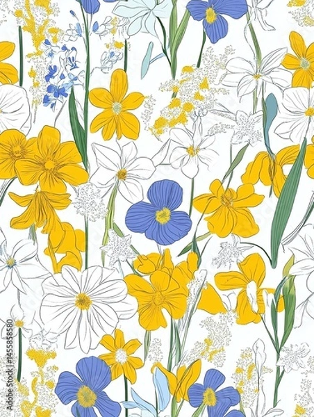 Fototapeta Vibrant floral pattern featuring a variety of flowers in bright colors on a white background