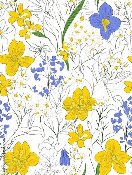 Fototapeta Colorful floral pattern featuring yellow and blue flowers on a white background