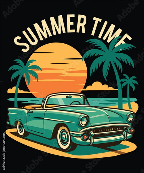 Fototapeta Summer Time Convertible Car with Sunset and Palm Trees Retro  vector art t shirt design, summer t shirt design , ai generated