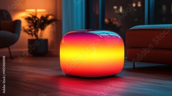 Obraz Multi-colored, rounded lamp in a living room setting.  Gradient of vibrant hues illuminates the room