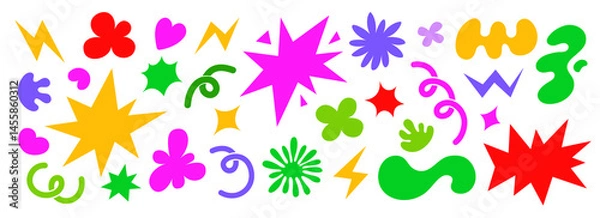 Fototapeta Abstract colorful shapes illustrations set. Retro cartoon style. Groovy funky clouds, flowers and bubbles shapes. Stars, loops and waves lements collection