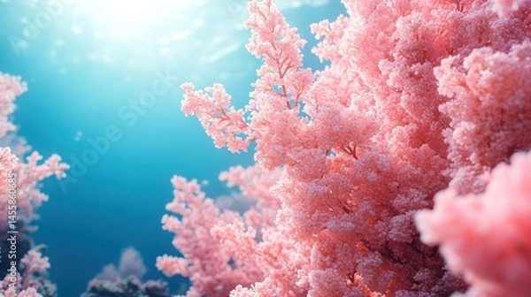 Obraz Vibrant pink coral reef, underwater scene, sunlit