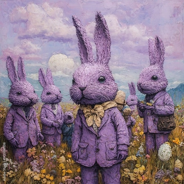 Fototapeta Purple rabbits in dapper suits gather in a vibrant field under a colorful sky at sunset