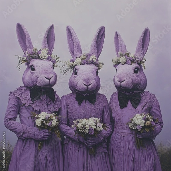 Fototapeta Unique celebration with three rabbits dressed in purple gowns holding flowers in a misty field