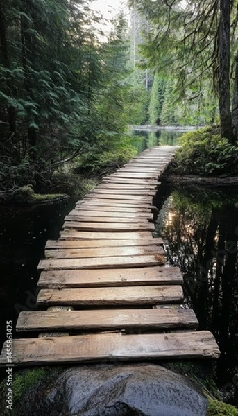 Obraz Serene rustic wooden plank path over tranquil lake at dusk captured in realistic imagery