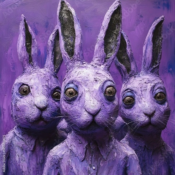 Fototapeta Colorful purple rabbit sculptures stand together in an artistic display showcasing unique creativity and craftsmanship