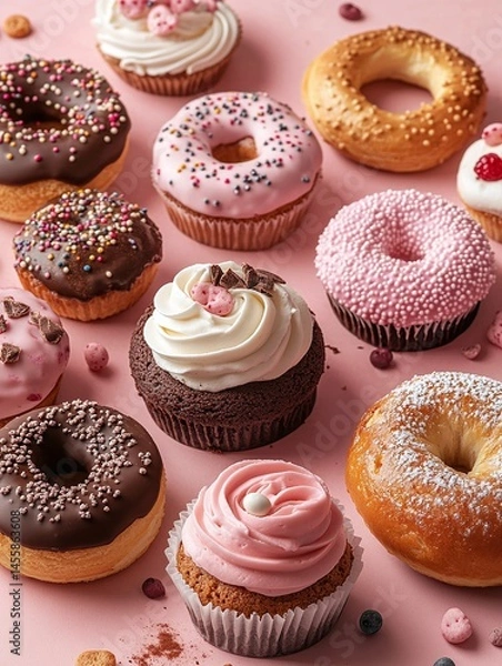 Fototapeta Delicious assortment of colorful doughnuts and cupcakes displayed on a pink background