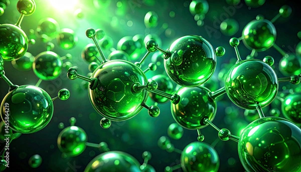 Fototapeta Abstract depiction of green hydrogen atoms, floating in a deep green light, metallic texture