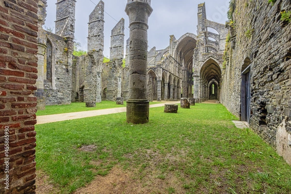 Fototapeta View into the church in the ruins of Villers Abbey, the remains of a Cistercian abbey abandoned in 1796